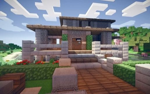 Modern 2 story house above small pond schematic - building
