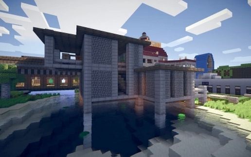 Modern 2 story house above small pond