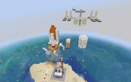 Space shuttle with moon and ISS schematic - building